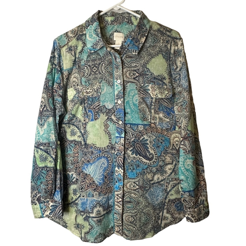 Chico’s Celia Paisley Patchwork Button Front Cotton Shirt Coastal Size 2 Large